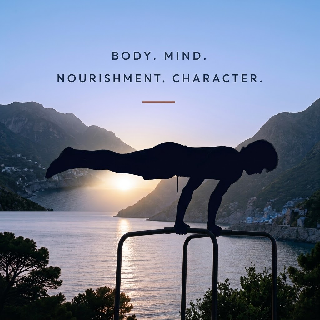 Calisthenics practice at dusk — body, mind, nourishment, character